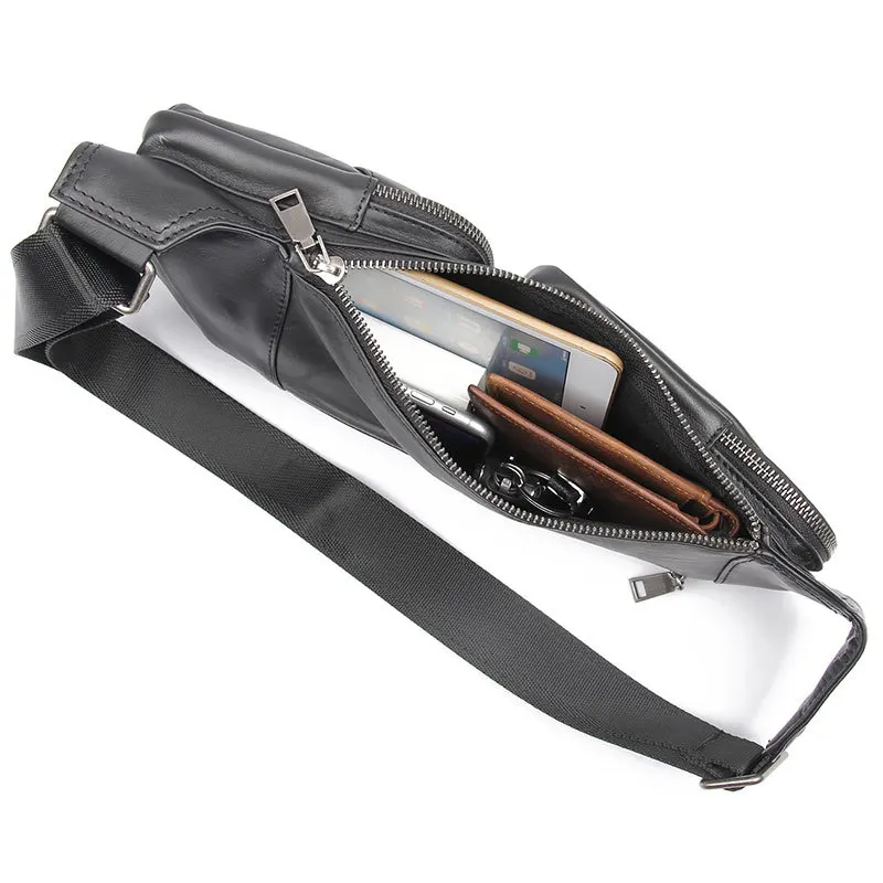 Мужская нагрудная сумка MAHEU черная из натуральной кожи с одним плечевым ремнем