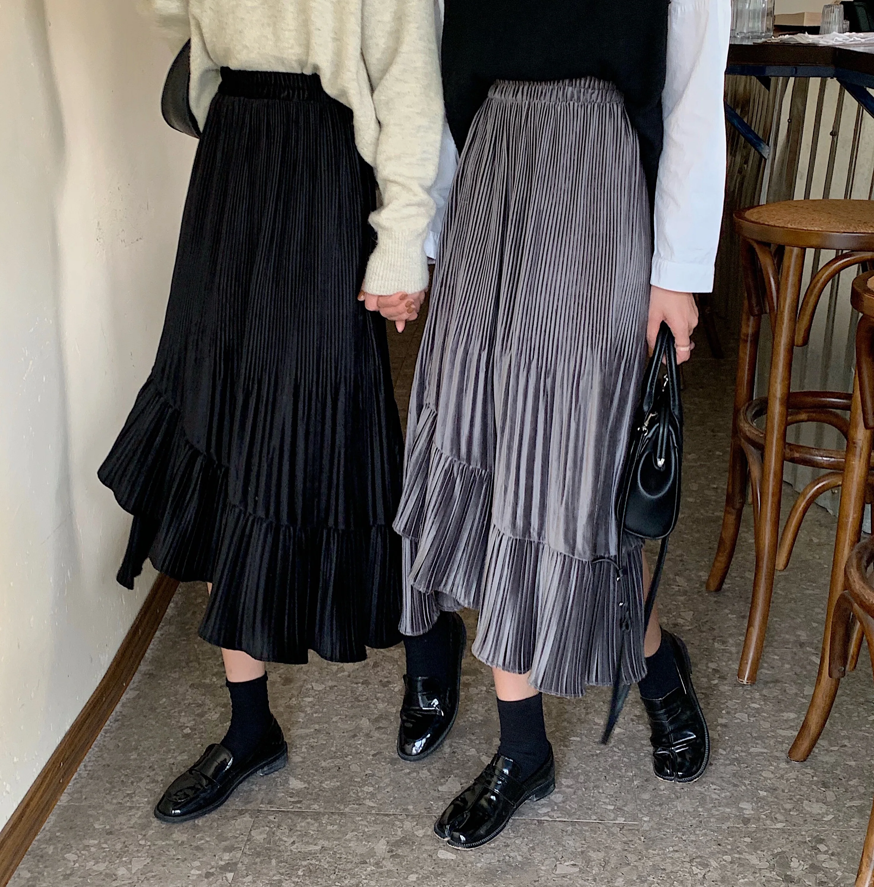 

Irregular skirt press pleated mid-skirt T195