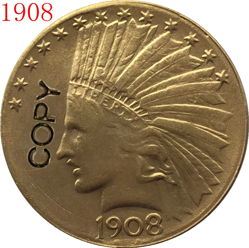 Копия золотой монеты с покрытием 24-каратным золотом 1908 дюйма в виде индийской