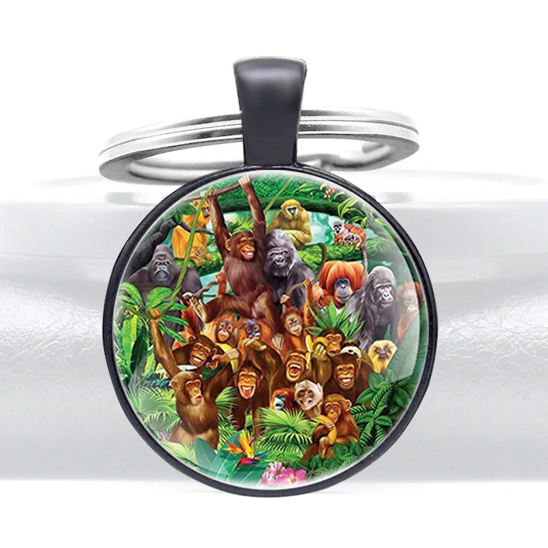 

Fashion Monkeys Pattern Glass Cabochon Key Chain Exquisite Popular Men Women Key Ring Jewelry Gifts