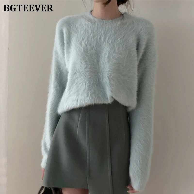 BGTEEVER элегантный мохеровый свитер с круглым вырезом Женский вязаный джемпер