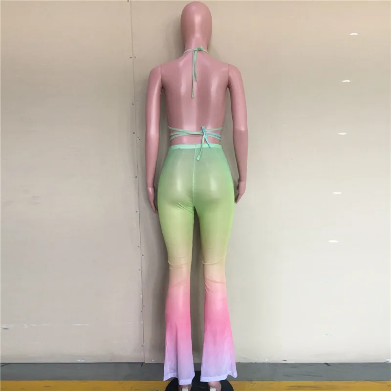 

YEYA Swimsuits Two Pieces Print Gradient Sexy Off Shoulder Lace Up Halter Bra and Skinny Long Pants Casual Beach Holiday Outfits