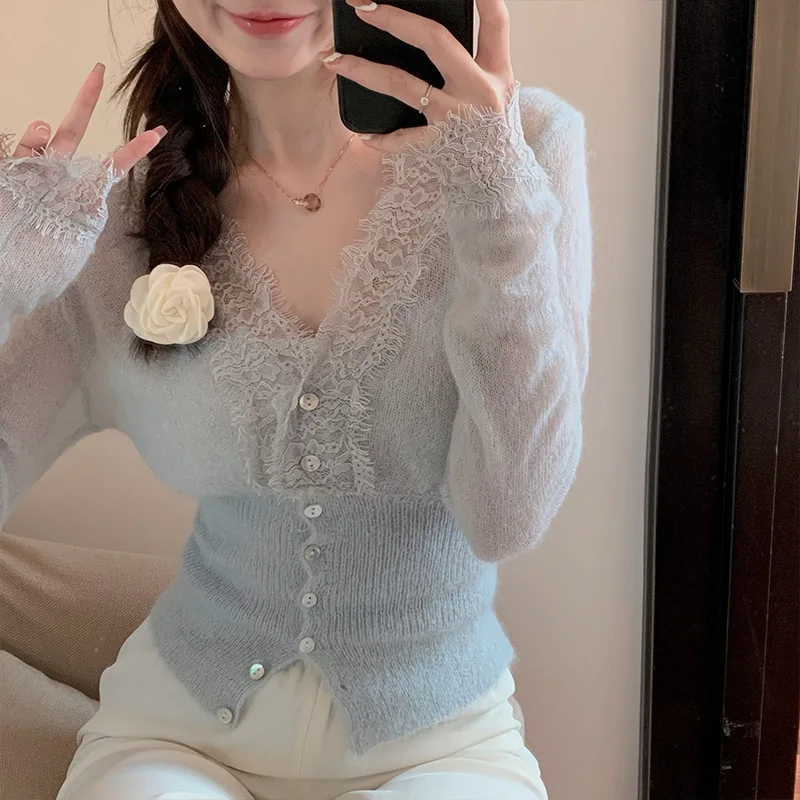 

Korea Spring and Autumn New Women V Neck Lace Patchwork Hollow Out Short Knitwear Cardigan Buttons Up Slim Waist Basic Tops
