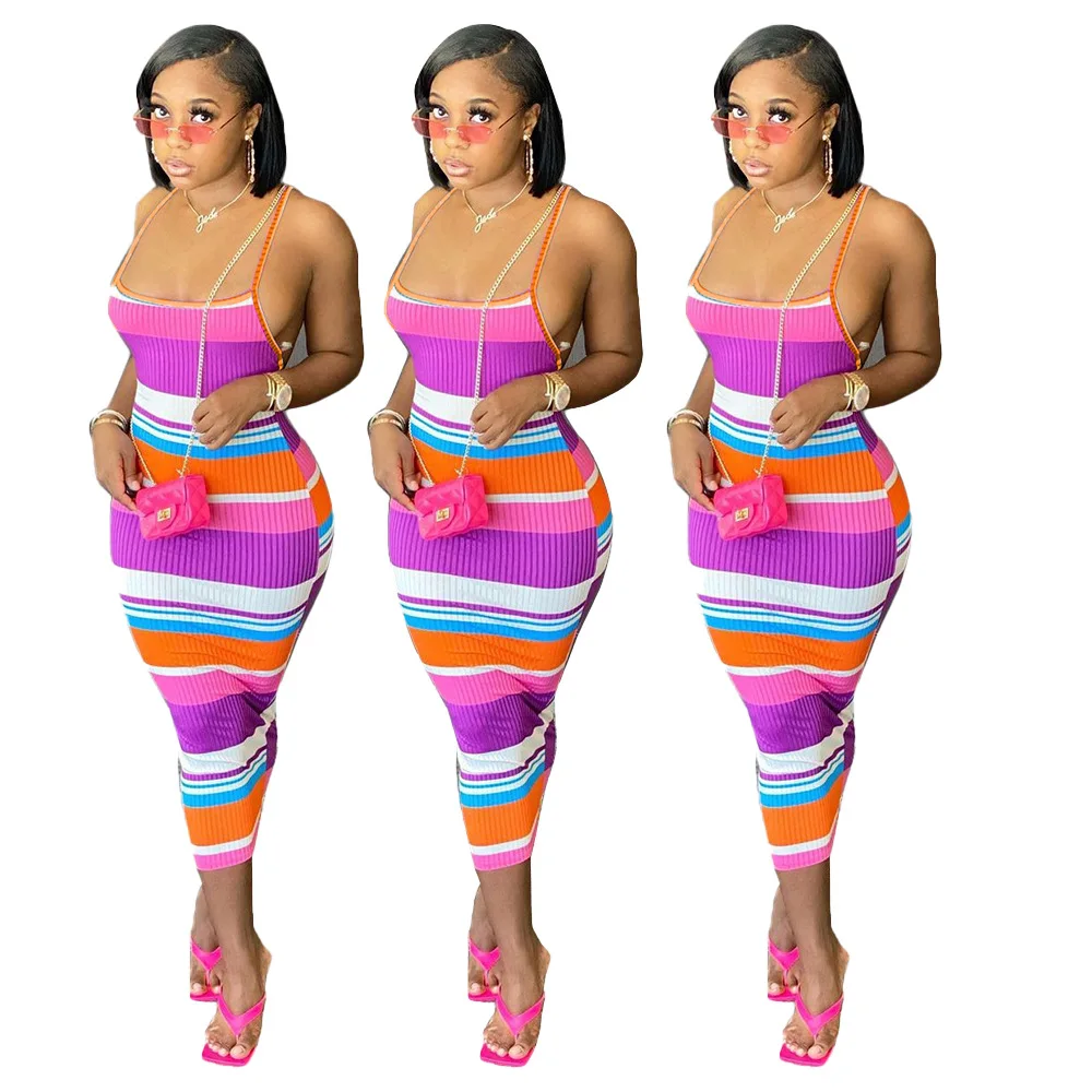

Fashion Women Sexy Spaghetti Strap Backless Striped Lace Up Bodycon Long Party Dress Robe Femme