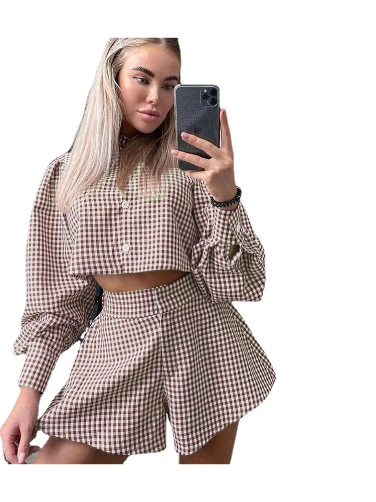 

2021 Summer Women's Shirt Set Loose Tee Shorts Casual Lantern Sleeve Plaid Girl Suit