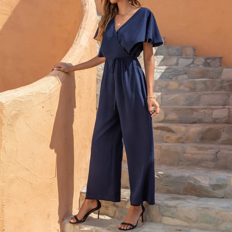 

SHUJIN Women Jumpsuits Rompers Summer Casual Solid V-neck Overalls Jumpsuit Short Sleeve Wide Leg Loose Jumpsuit Office Ladies