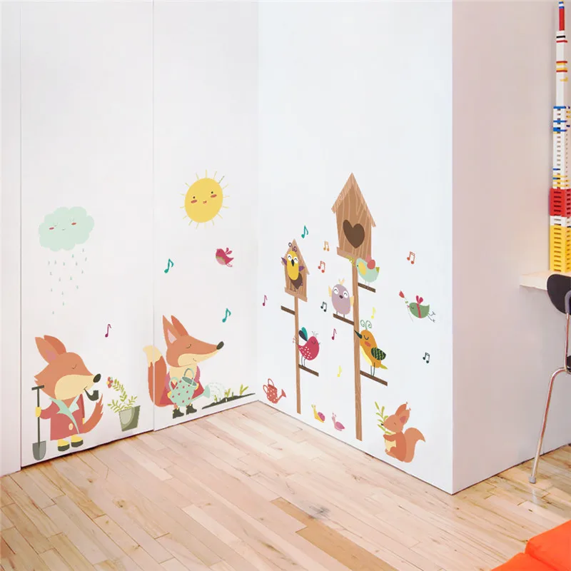 

Cute Fox Bird Working And Enjoying Music Wall Stickers For Kids Room Home Decor Diy Cartoon Safari Mural Art Pvc Wall Decal