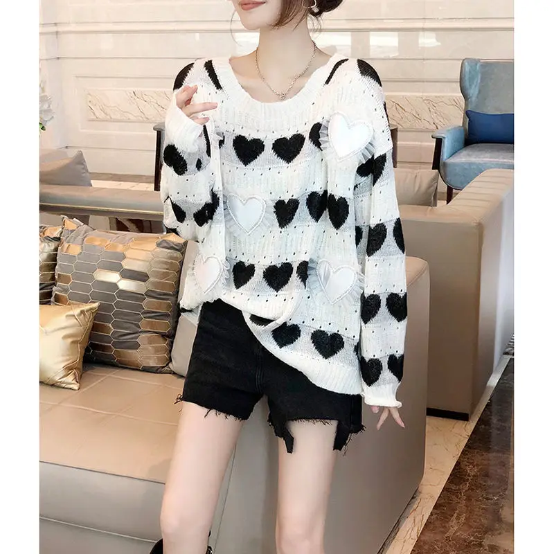 

DUOFAN Casual Sweater Women Heart Print Knitted Pullover Casual Loose Knitwear Hollow Jumpers Fashion O Neck Knitwear
