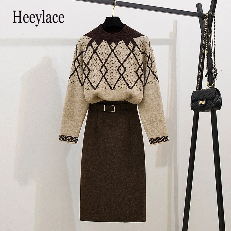 Женский толстый теплый вязаный свитер с длинными рукавами + утолщенная юбка на