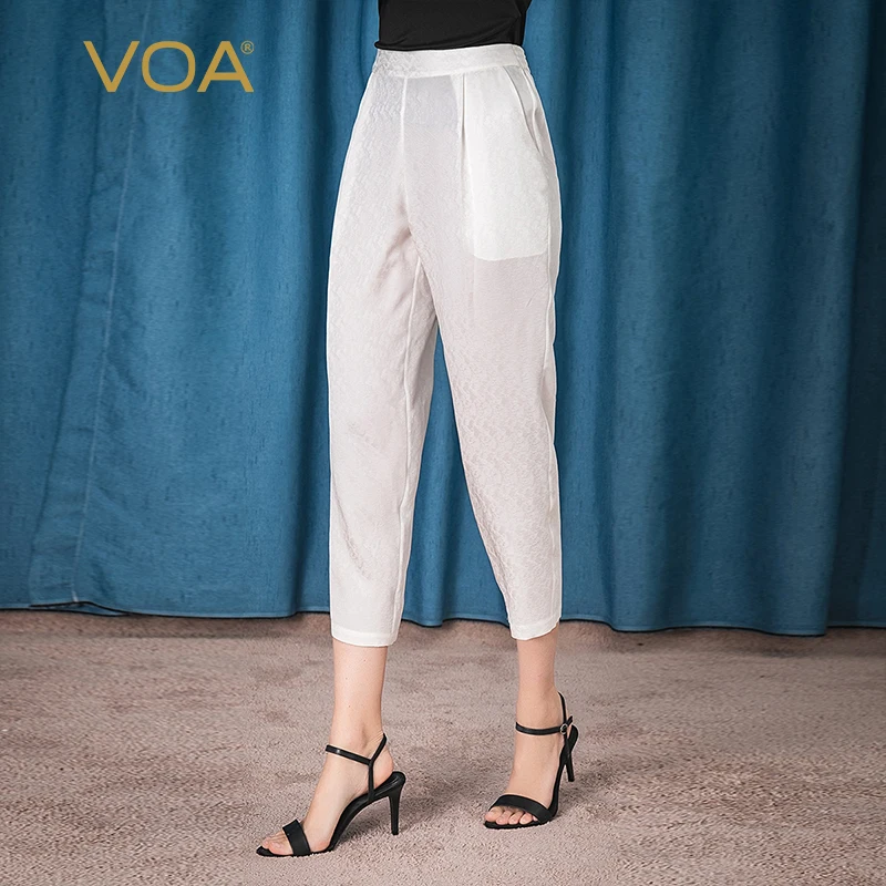 

VOA Silk 22 M/m Ivory White Jacquard Pleated Elastic xie cha dai Natural Waist Simple Nine Straight Leg K51