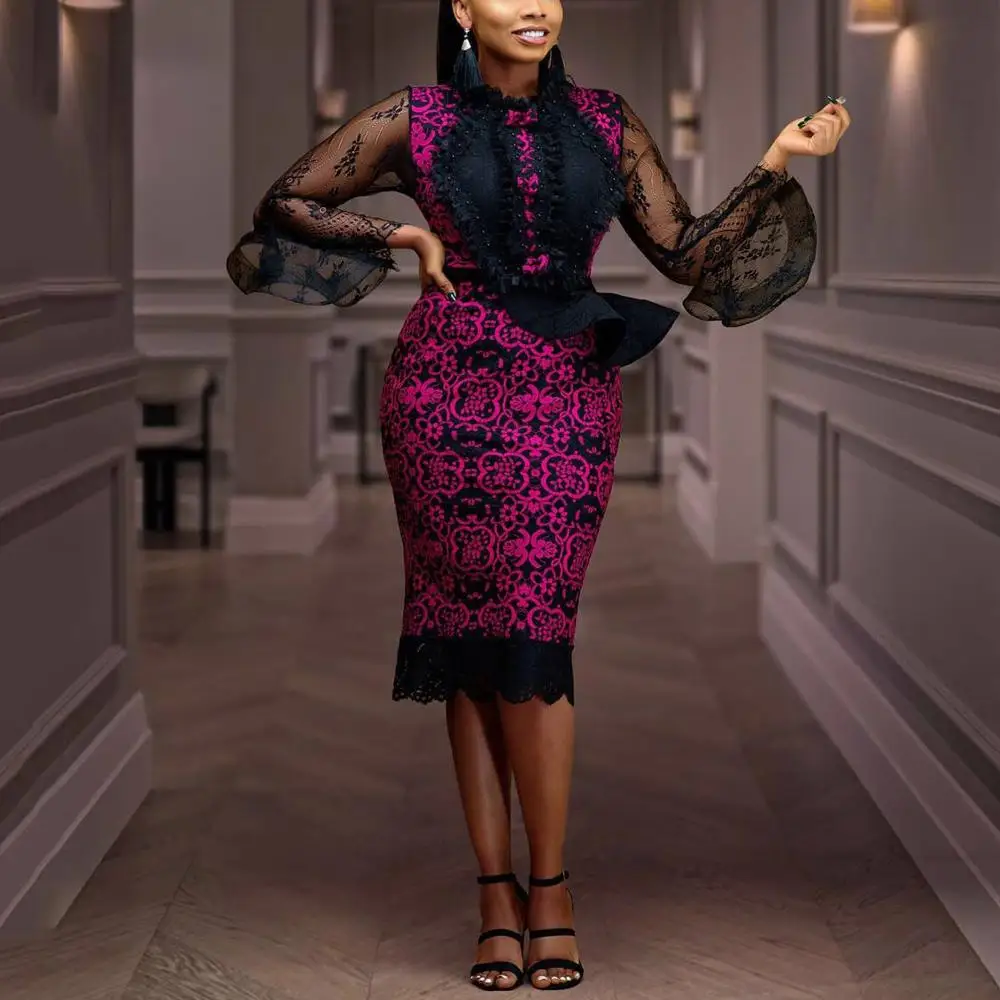 

African Dresses For Women 2020 Traditional Burgundy Mesh Patchwork Sheath Mid Calf Elegant Work Busienss Office Cloth Dress New