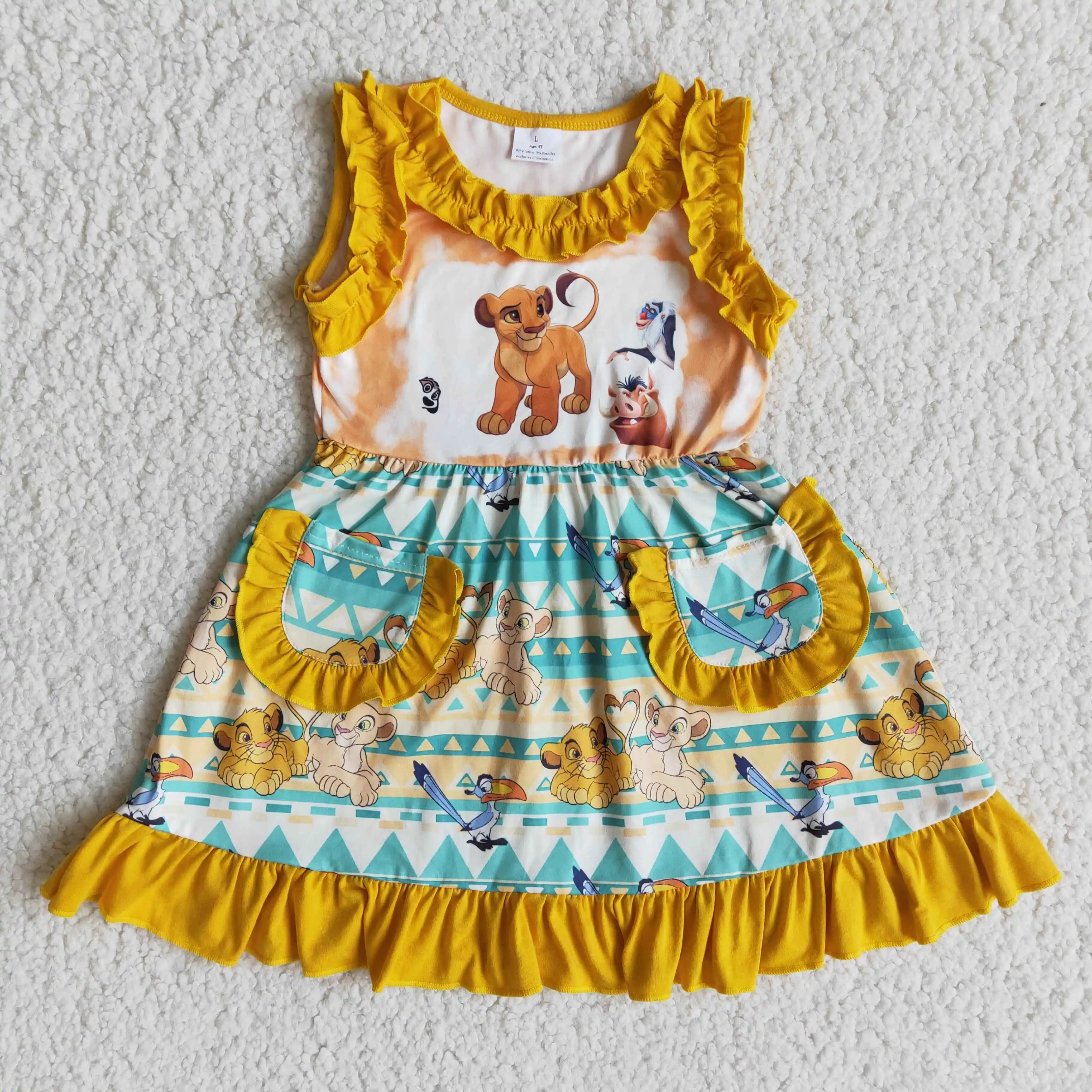 

Lion Cartoon Green Yellow Ruffles Pocket Short Sleeve Dresses Girls Clothing Valentine Love