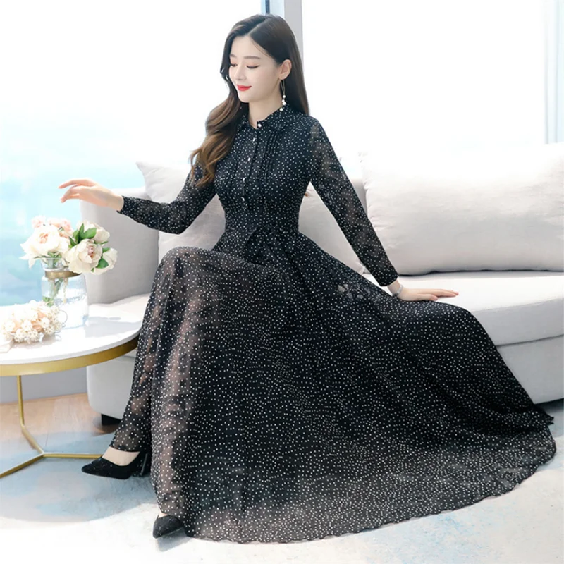 

2021 Summer New Korean Style Slim Long Sleeved Jacquard Chiffon Dress Temperament Thin Large Length Dress Female Women Skirt
