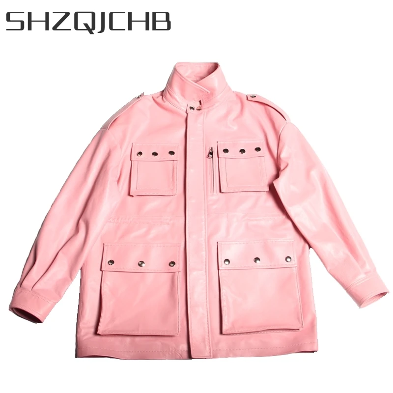 

JCHB 2021 Womens Autumn Genuine Leather Jacket Luxury Streetwear Slim Sheepskin Short Coat Fashion Pink Blue Zipper Rivets Biker