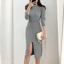 Robe en tricot à col rond pour femme, tenue décontractée, pull à manches longues, élégante, fente avant, Sexy, moulante, hiver, 2021  (1)