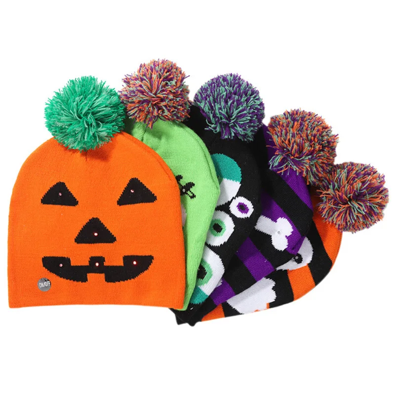 

Halloween Party Supplies LED Glowing Knit Hat Ghost Pumpkin Skull Design Halloween Festival Party Decoration for Kids Adult