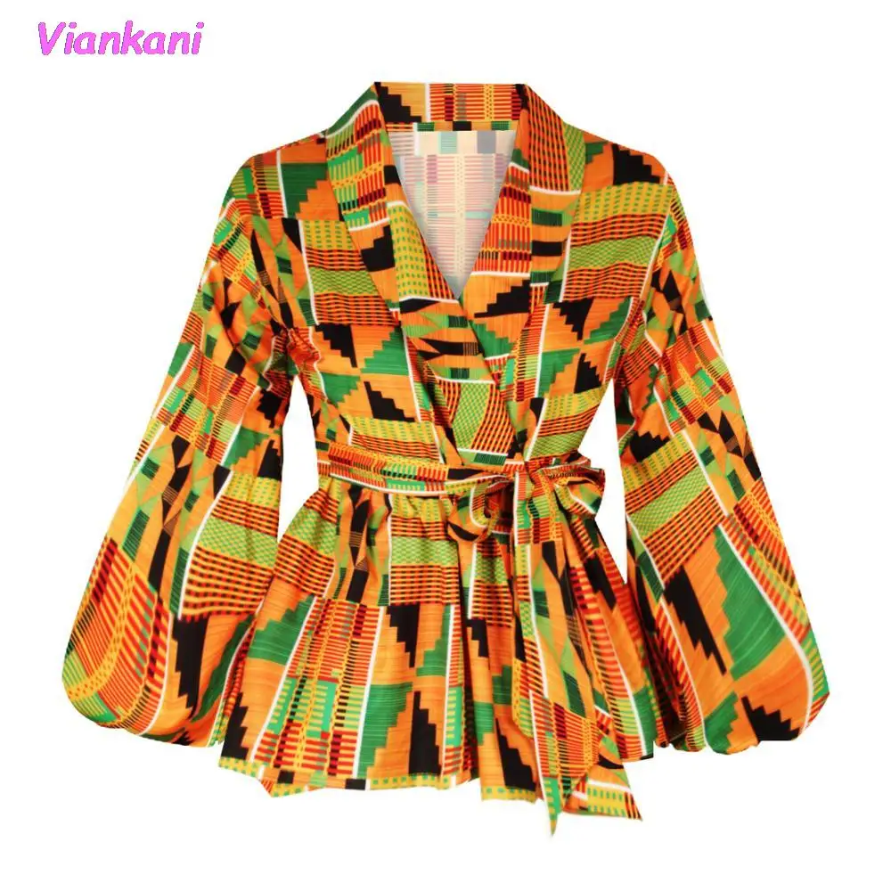 

Fashion V-Neck African Shirt Dresses Women Sexy Dashiki Blouse Tops With Belt Lantern Sleeve Outwear Female 2021 African Clothes