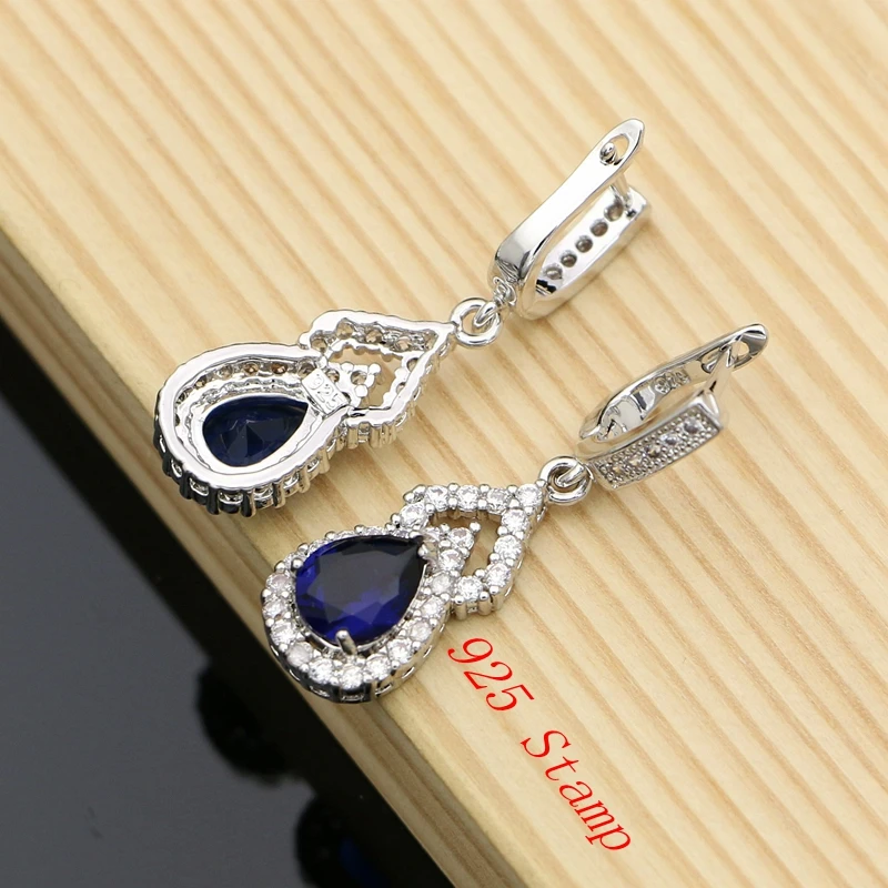 Серьги с синим камнем и белым кристаллом ювелирные изделия из стерлингового