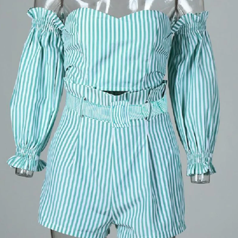 

Off Shoulder Crop Tops and Shorts Set Women Sexy 2 Piece Set Ruffle Long Sleeve Tops Stripe Set with Free Sashes and Chest Pad