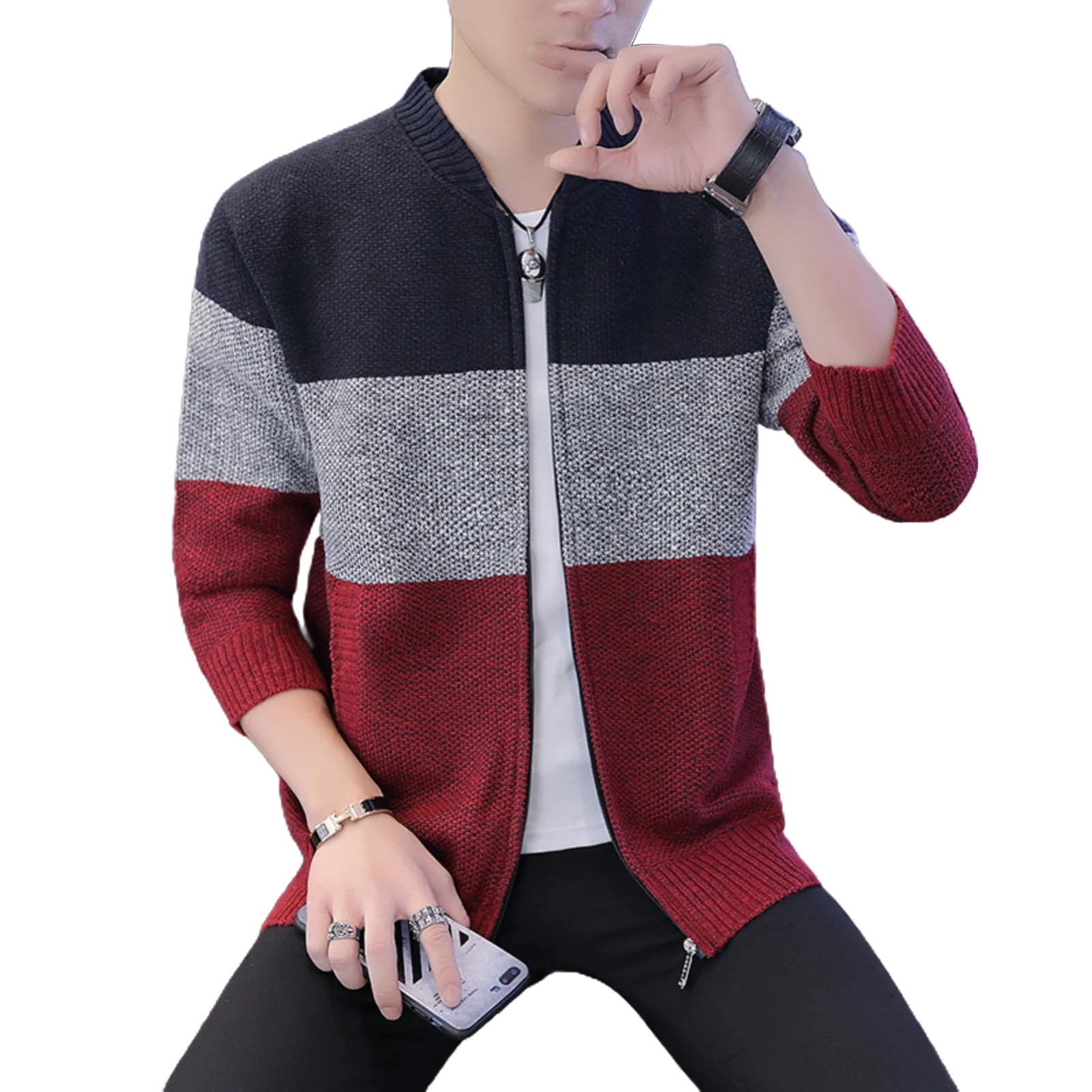 

Winter Fashion Patchwork Men's Knitted Jackets Thick Comfy Long Sleeve Sweater Coat Warm Stand Collar Fall Tide Casual Cardigan