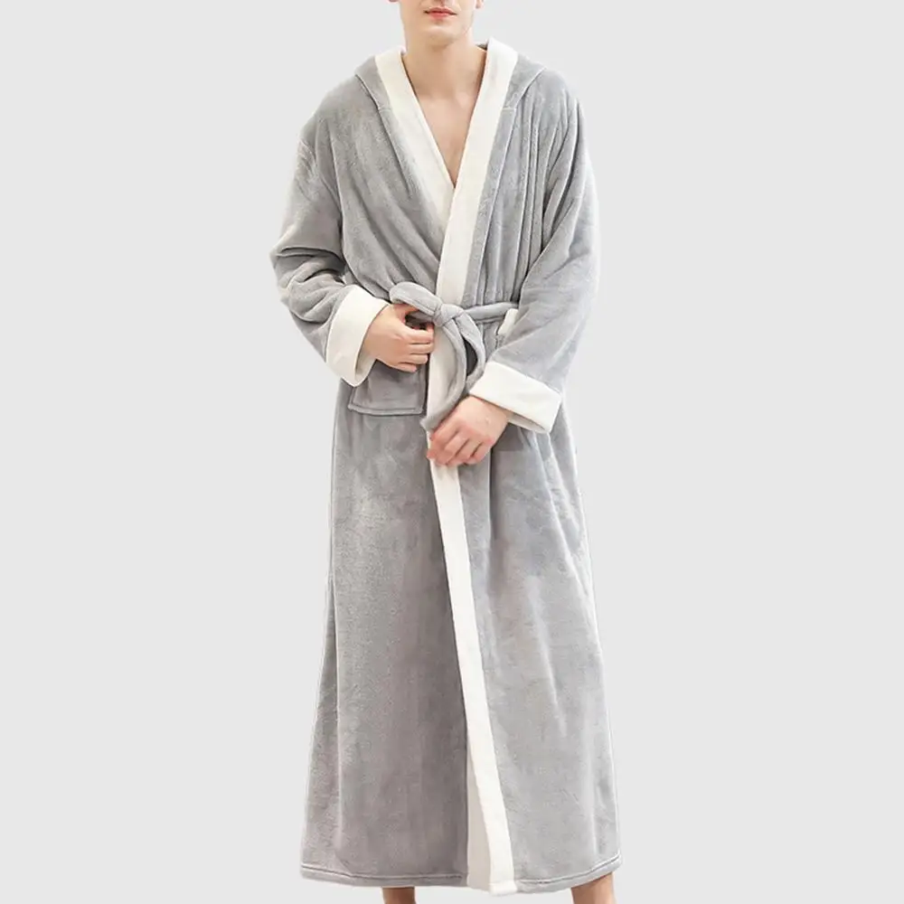 Flannel Pocket Sleepwear Men Autumn Winter Long Sleeve Maxi Bathrobe Pockets Hooded Sleepwear