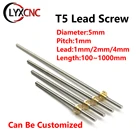 Ходовой винт T5 Picth, 1 мм, 1 мм, 2 мм, 4 мм, длина 100 мм, 200 мм, 300, 500, 600, 1000 мм, с латунной гайкой, для самостоятельной сборки, запчасти для 3D-принтера