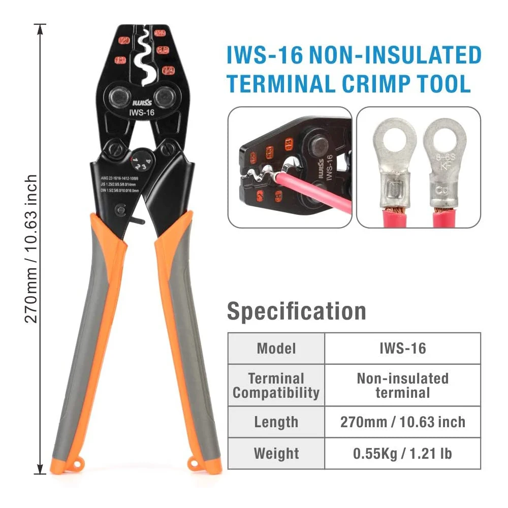 

IWS-16 NON-INSULATED TERMINAL CRIMP TOOL IWISS Ratchet Crimping Tool AWG 22-6 for UT OT SC C45 terminals crimper pliers