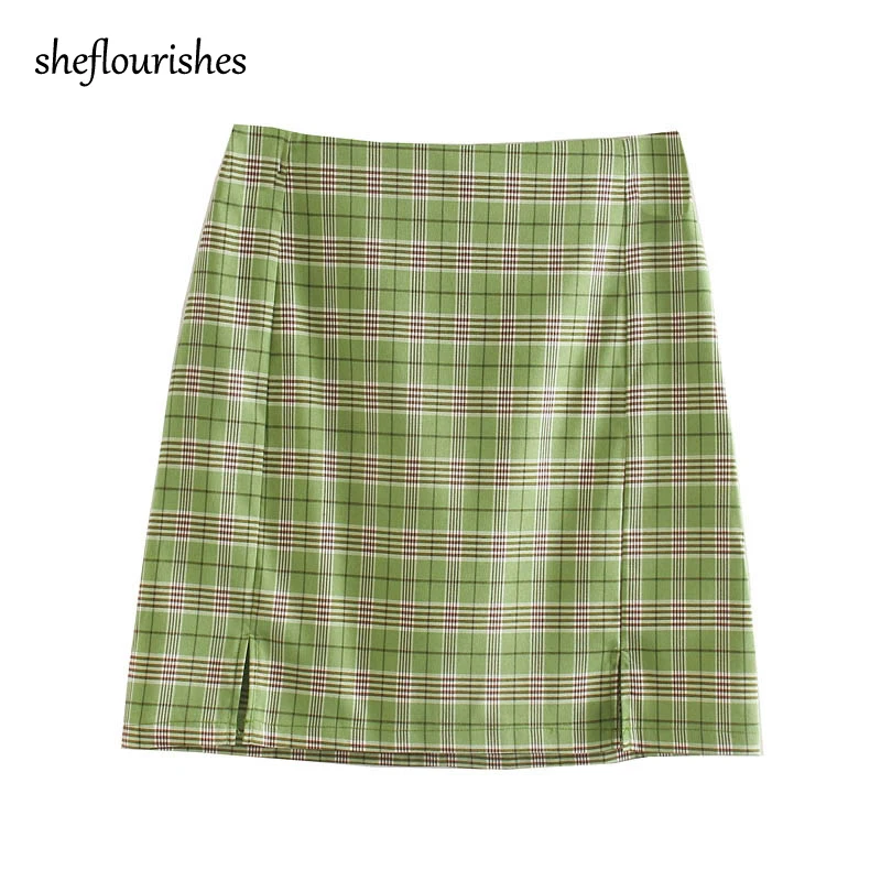 Summer mini skirt women high waist skirts vintage plaid harajuku split korean a line sexy pencil green | Женская одежда