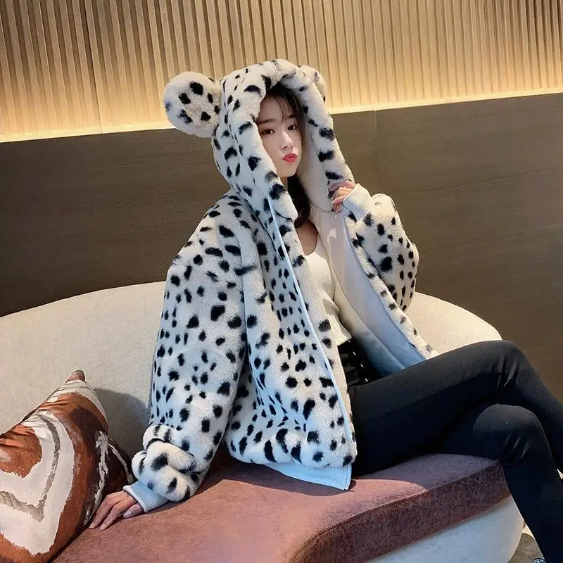 

2021 New Women Fashion h Coat Women's Winter Imitation Rex Rabbit Fur Loose Jacket Female Casual Hooded Thickened Coat N166