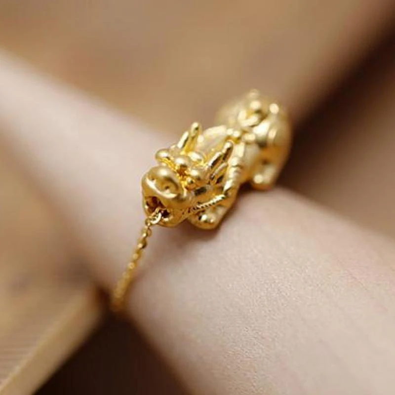 Кольцо из чистого твердого 24 К желтого золота для женщин 3D Luck Pixiu+ O Chain мягкое кольцо US6-8