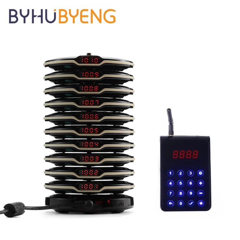 

BYHUBYENG Restaurant Pager 10 Coaster Buzzer Receiver Paging System Touch Keypad For Clinic Coffee Church Nursey