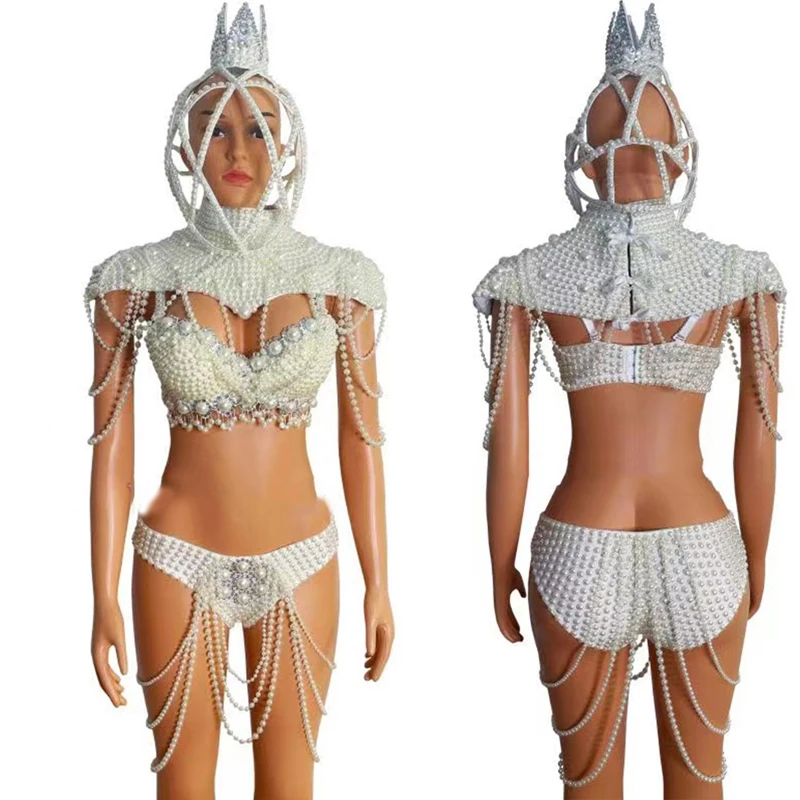 

Sexy Pearls Fringed Bikini Rave Stage Headdress White Tassel Bodysuit Gogo Costume Carniva Festival Clothes Rave Outfits XS2408