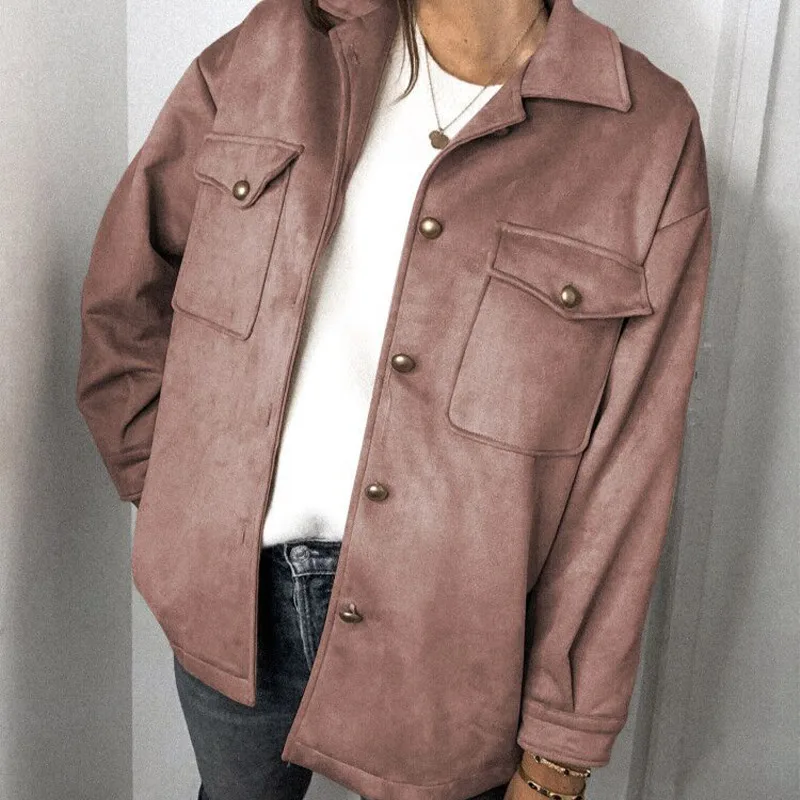

Suede Loose Metal Button Women Workwear Jacket Solid Turndown Collar Pocket Female Jackets 2021 Autumn Fashion Casual Lady Coats