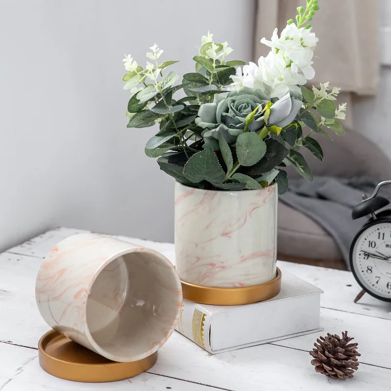 Керамическая ваза для цветов в скандинавском стиле мраморный узор суккуленты