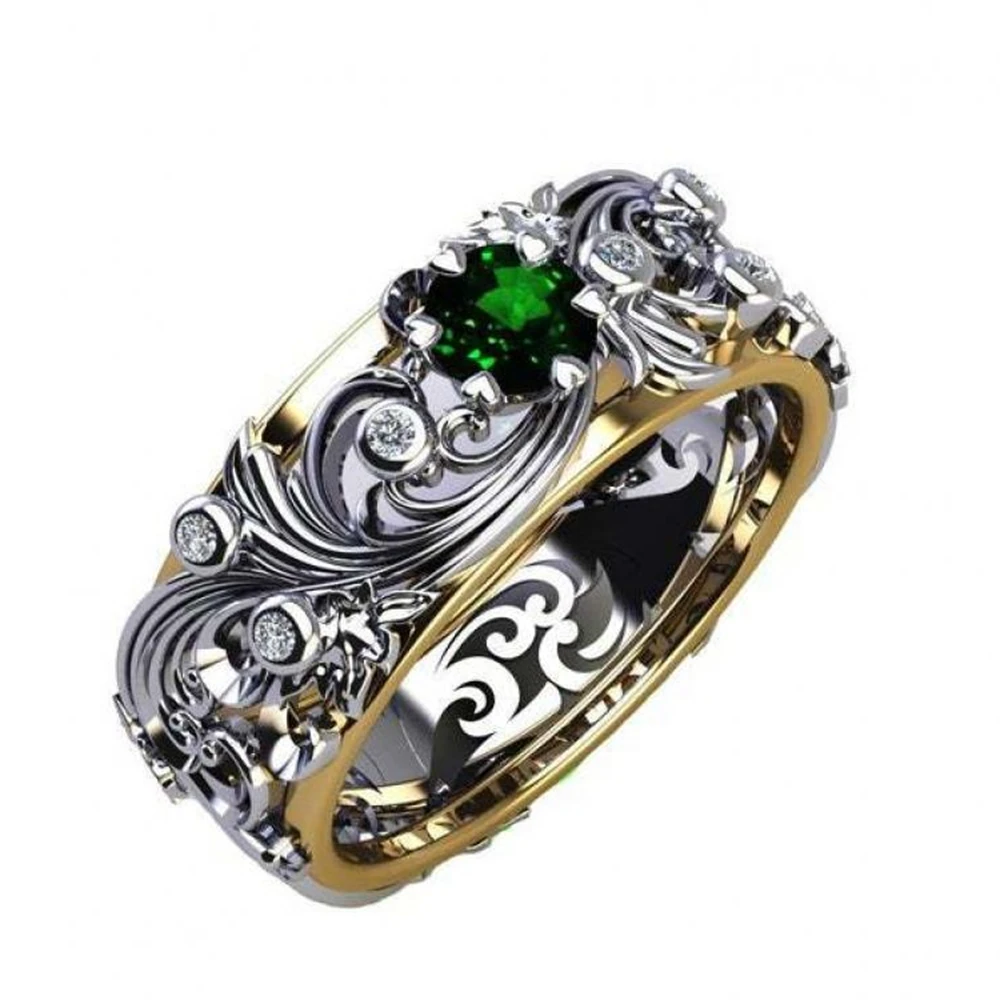 

Creative and Exquisite Inlaid Green Gemstone Ring Personality Elegant Lady Two-Color Pattern Casual Wedding Party Ring Jewelry