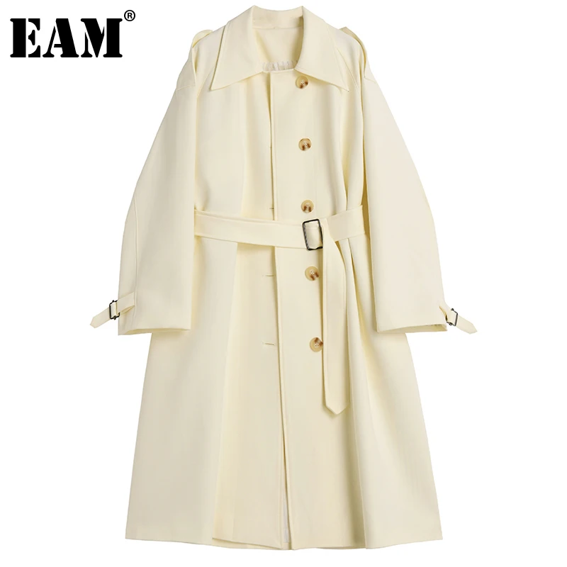 

[EAM] Women Apricot Belted Casual Long Trench New Lapel Long Sleeve Loose Fit Windbreaker Fashion Spring Autumn 2022 1DE3722