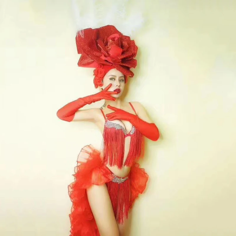 Женский танцевальный костюм Gogo красный бикини с кисточками головной убор шляпа