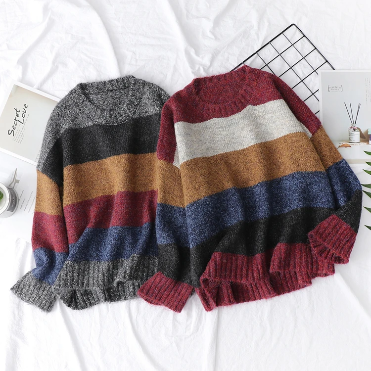 Женский Теплый свитер в разноцветную полоску H.SA джемпер оверсайз радужной