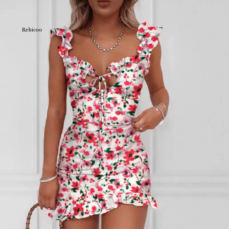 

Summer Women's Floral Print Lace-Up Detail Ruffled Mini Dress Ladies Sleeveless Leisure Vacation Beach Short Skirt