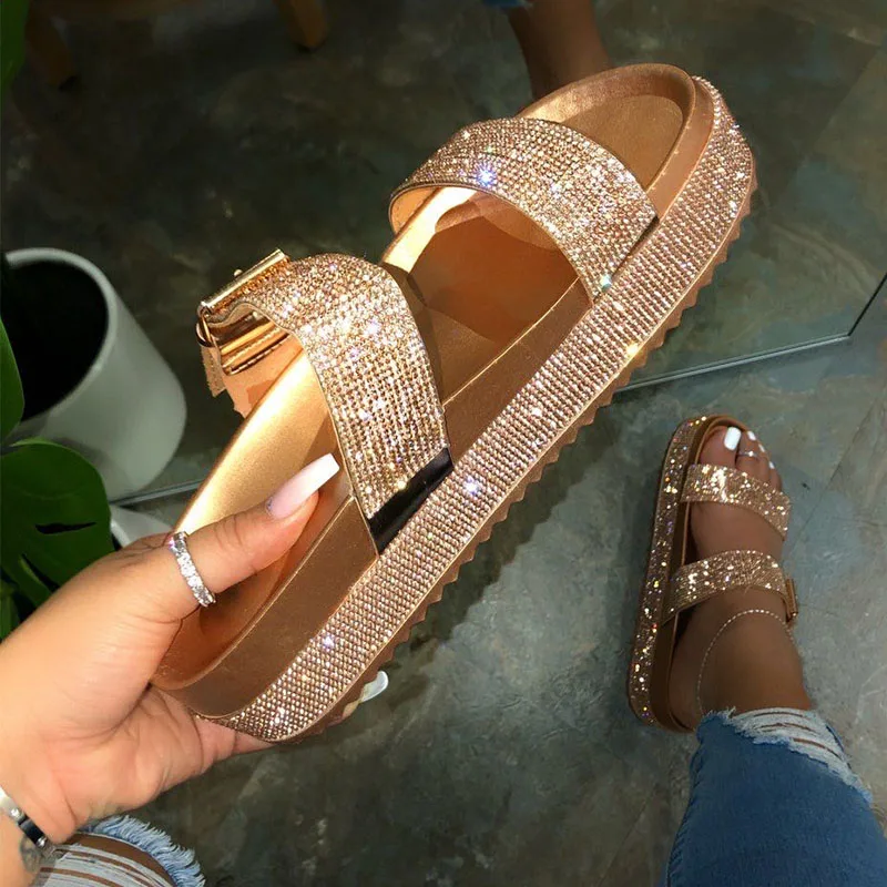 

Summer Slippers Women Rhinestone Wedges Platform Slides Heel Fasion Gladiador Buckle Slides