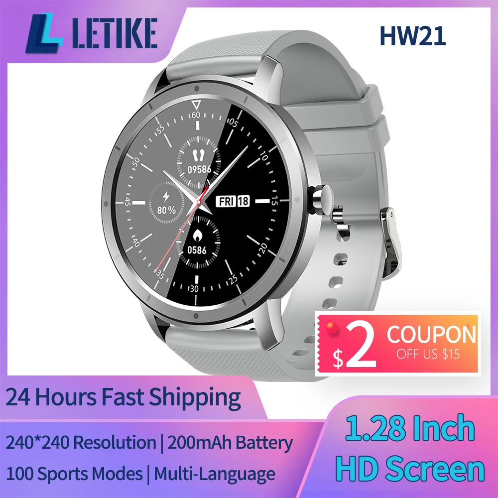 

LETIKE HW21 Smart Watch 1.28 Inch 240*240 Full HD Screen Band SmartWatch 200mAh Battery Heart Rate Monitor Music 12 Sports mode