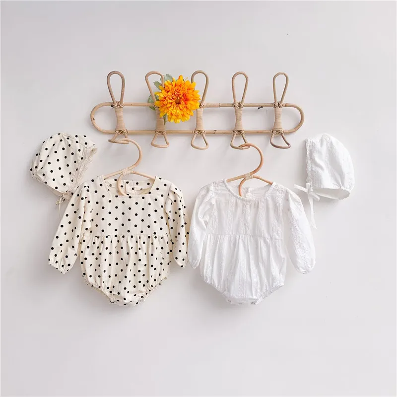 

2021 Spring Baby Girls Romper with Hat Polka Dot Pure Cotton White Soft Comfortable Cute Loose Lovely Infant Jumpsuit Bodysuit