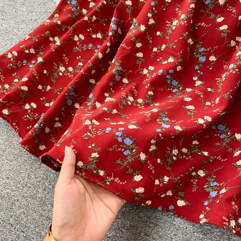 

new chic flowers print short sleeve summer dress women elegant french style Lapel collar slim waist a line casual dress