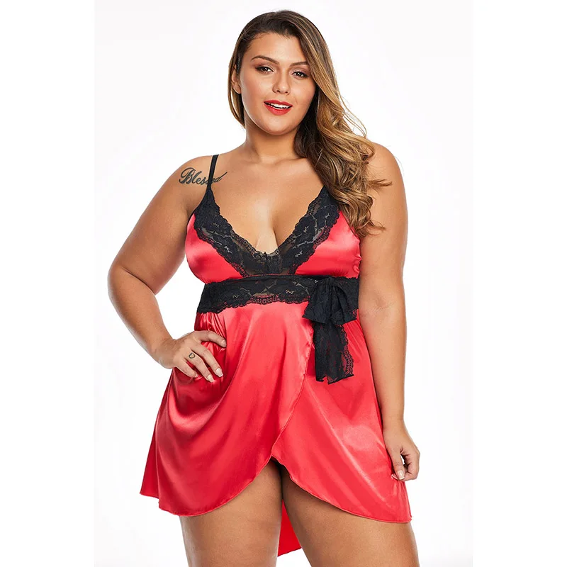 

New Fashion Style Lace V Neck Sexy Satin Night Dress Womem Plus Size Babydoll Dress