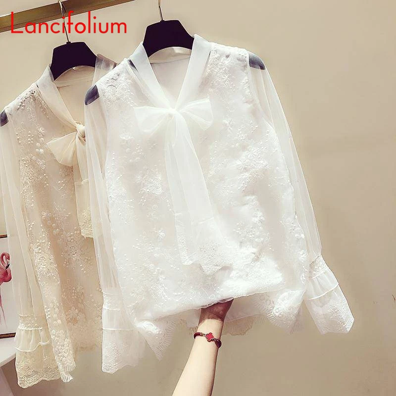 Корейская модная кружевная блузка для женщин 2020 летняя Элегантная Kawaii Femme