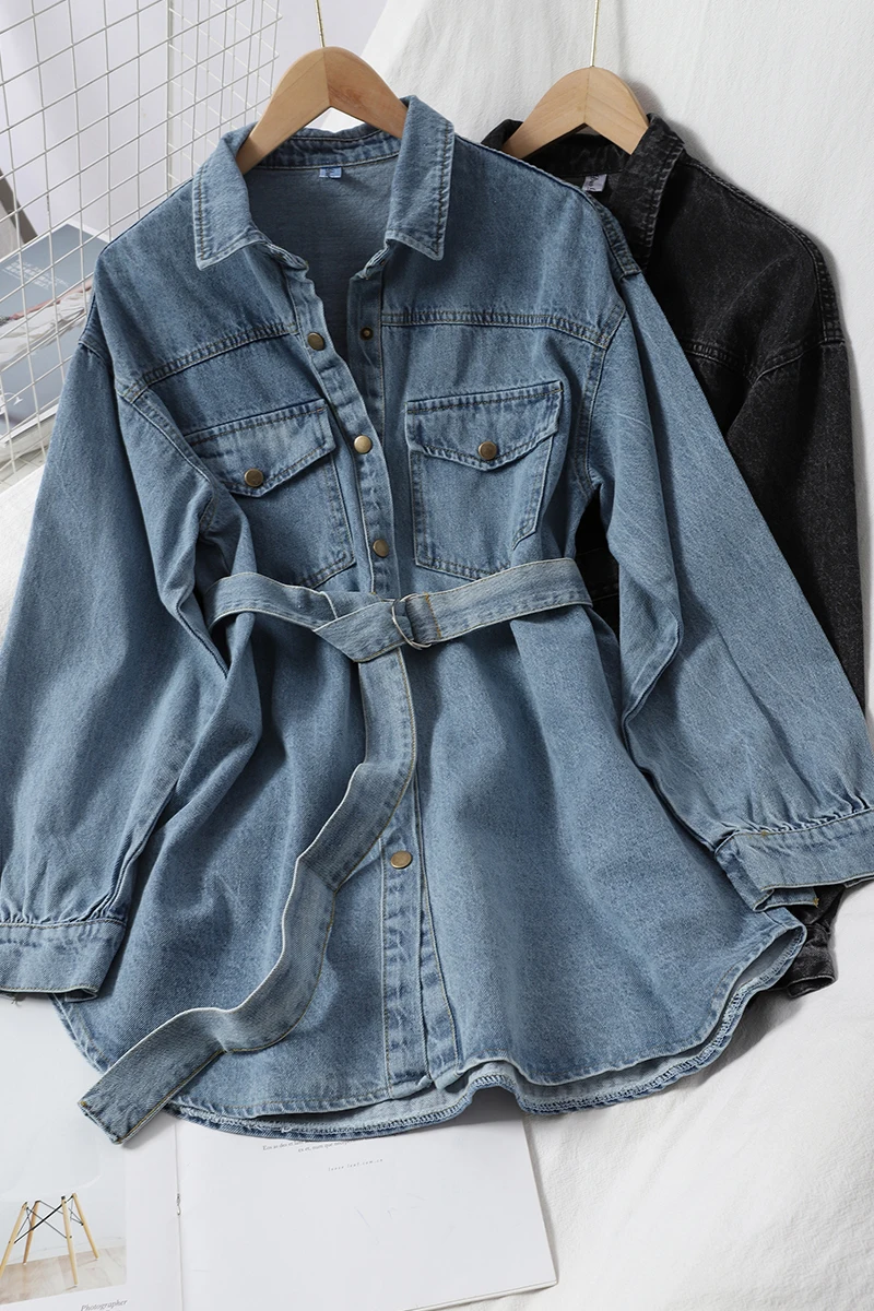Осенняя темпераментная Универсальная джинсовая рубашка средней длины с поясом