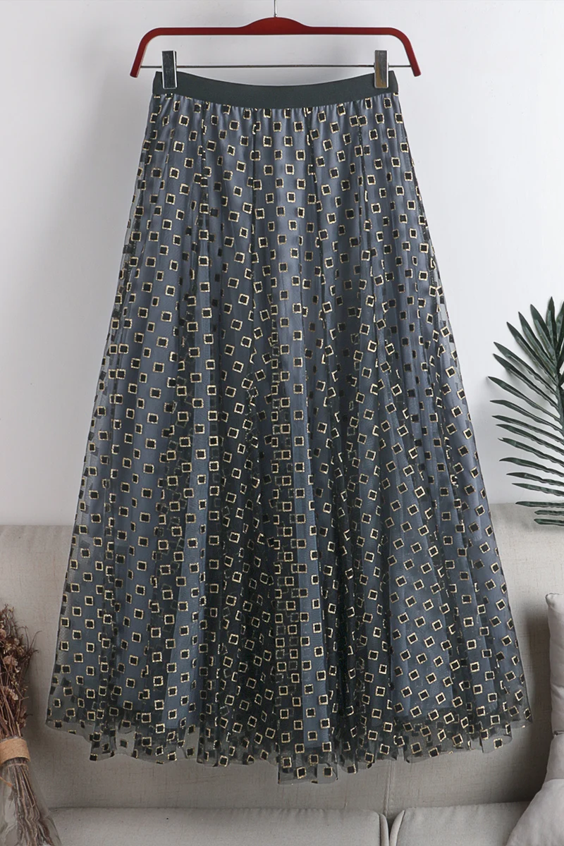 

Elastic Waist Large Swing Double-Layer Mesh Golden Edge Square Skirt Women's Autumn Winter New High Waist Slimming Mid-Length