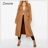 casual suede leather trench drape coats winter longline jacket x long warm outerwear soft loose fit women coats clothing custom