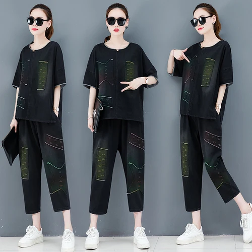 

Casual Jean Suit For Women Two Piece Outfits Leisure 2 Piece Set Top And Pants Loose Ensemble Femme Deux Pieces Woman Suit