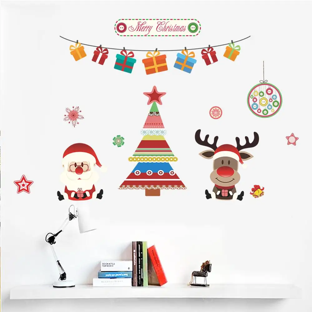 

Merry Christmas Snowflakes Snowman Sock tree wall Stickers Decals Santa Claus Deer Living Room Store Window Mural Posters